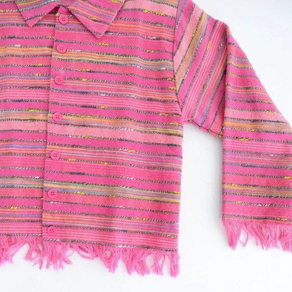 Vintage 90's Silver Stream 100% Cotton Pink Striped Button  Up Textured Jacket S - Picture 5 of 12